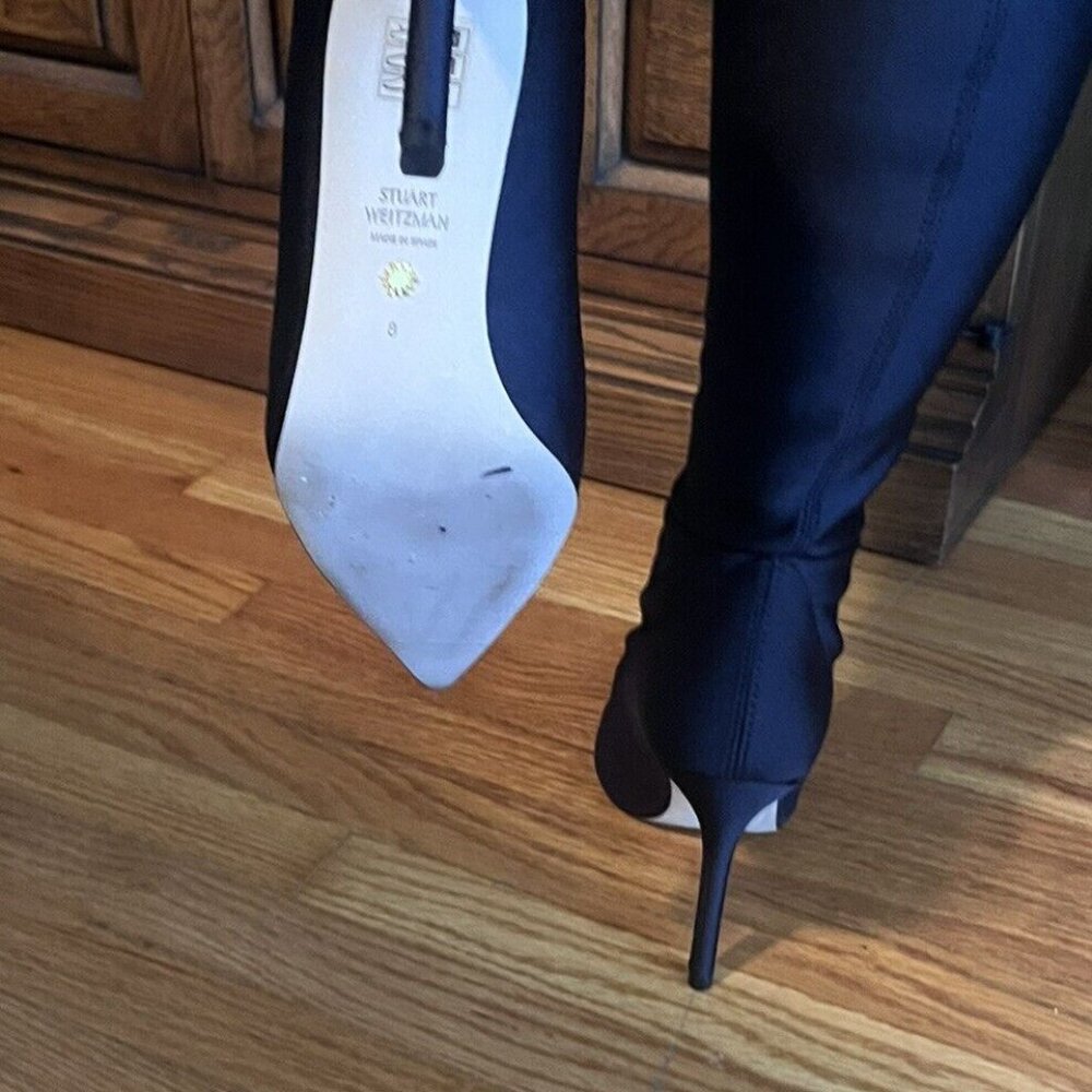 👠 👢 STUART WEITZMAN BLACK STRETCH SATIN HIGH BOOT SIZE 8 - Picture 6 of 16